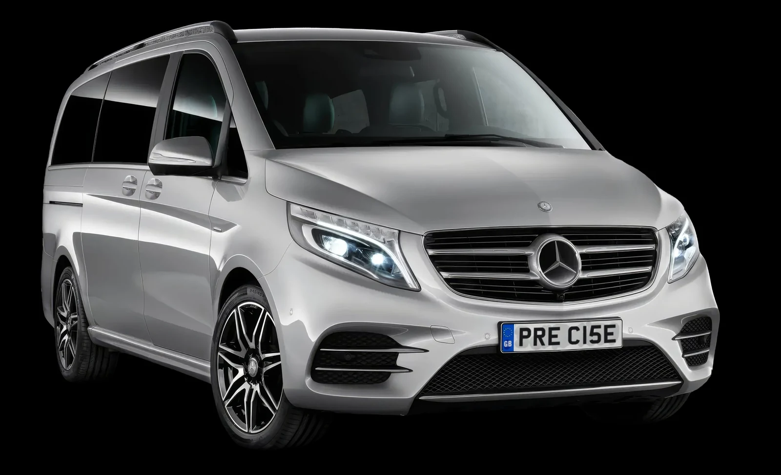 Silver Mercedes-Benz V-Class executive vehicle, front three-quarter view